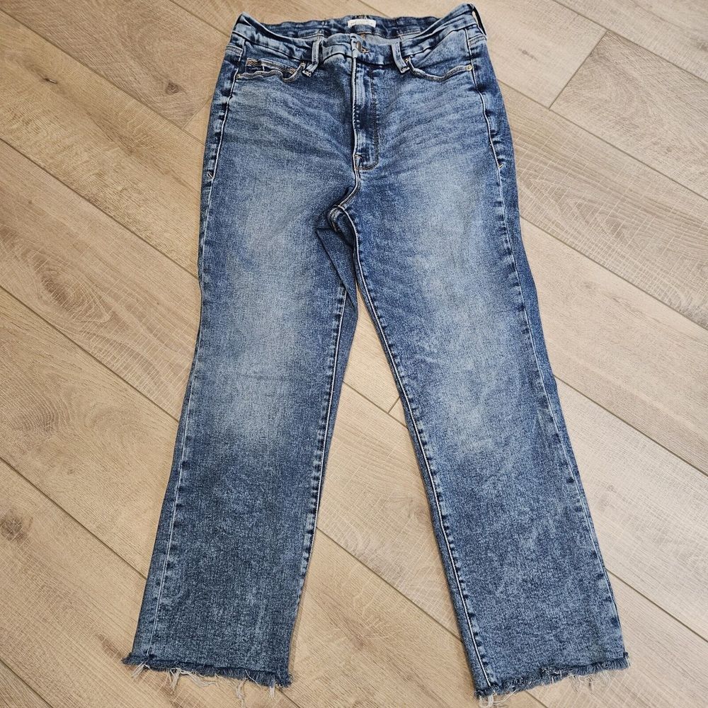 Good American Women's Jeans High Rise Crop Bootcut Raw Fray Hem Size‎ 15 Juniors